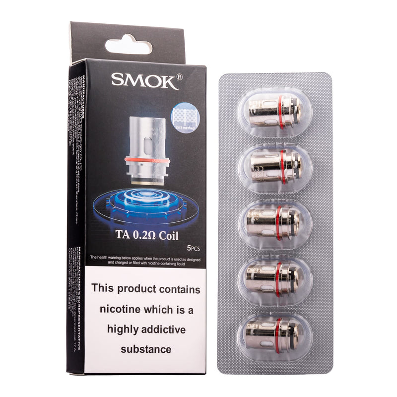Smok TA 0.2ohm mesh coils in pack of 5 stood next to packaging.