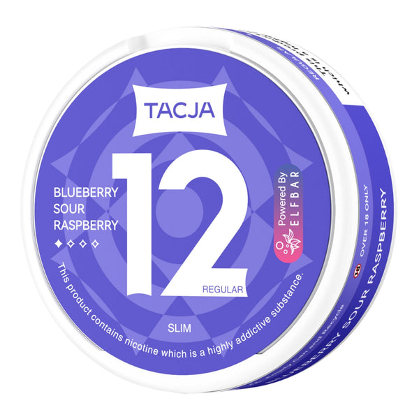 Tacja Blueberry Sour Raspberry Elf Bar 12mg Strength Nicotine Pouches in Box - Side Angle Image