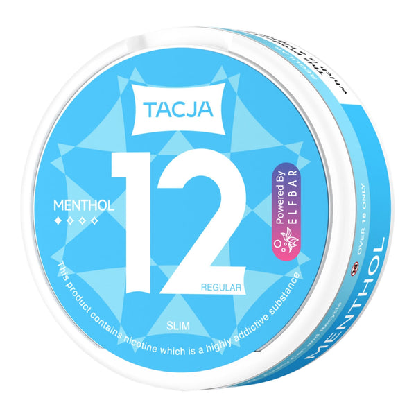 Tacja Menthol Elf Bar 12mg Strength Nicotine Pouches in Box - Side Angle Image