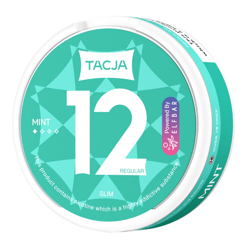 Tacja Mint Elf Bar 12mg Strength Nicotine Pouches in Box - Side Angle Image