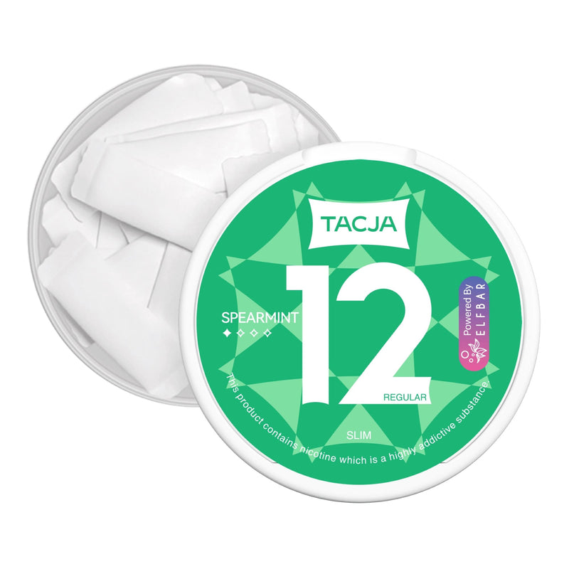 Tacja Spearmint Elf Bar 12mg Strength Nicotine Pouches in an Open Box