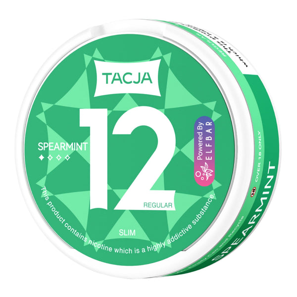Tacja Spearmint Elf Bar 12mg Strength Nicotine Pouches in Box - Side Angle Image