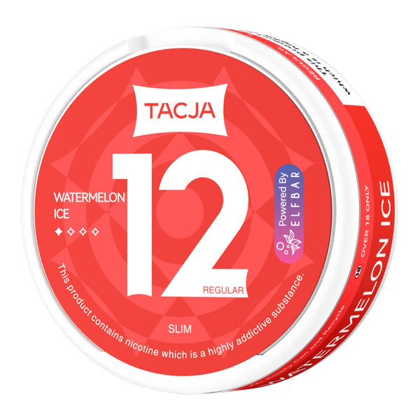 Tacja Watermelon Ice Elf Bar 12mg Strength Nicotine Pouches in Box - Side Angle Image