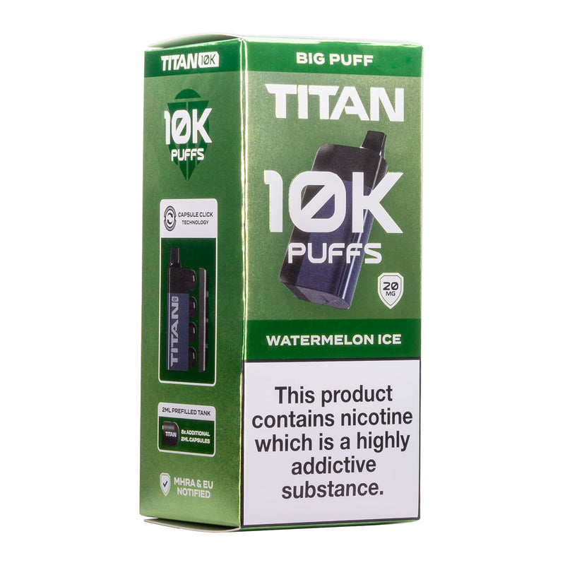 Watermelon Ice Titan 10K disposable vape kit box.