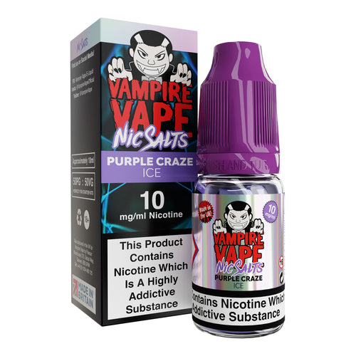 10ml bottle of Vampire Vape Purple Craze Ice Nic Salts Pinkman and Heinseberg mix 10mg strength