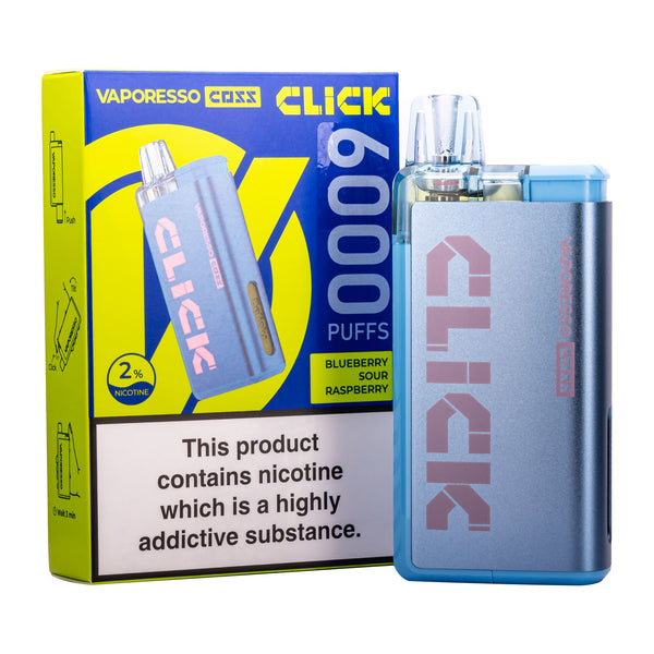 Vaporesso Coss Click Blueberry Sour Raspberry disposable vape next to box.