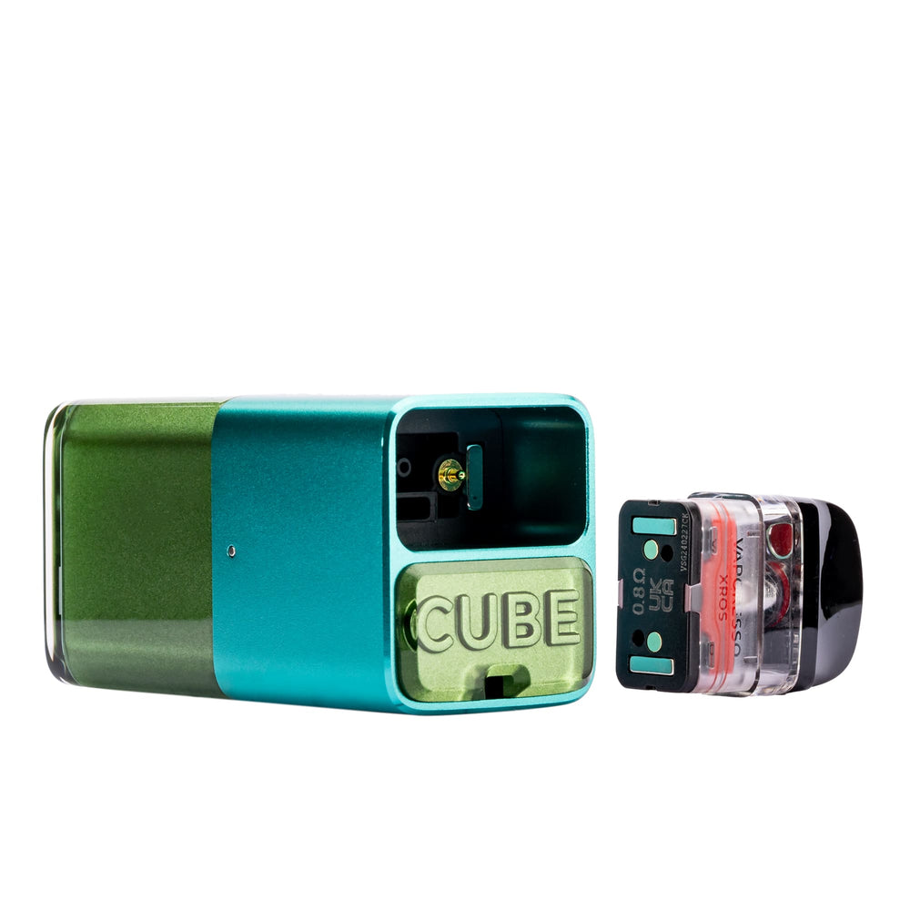 Forest Green Vaporesso Xros Cube with pod detached.
