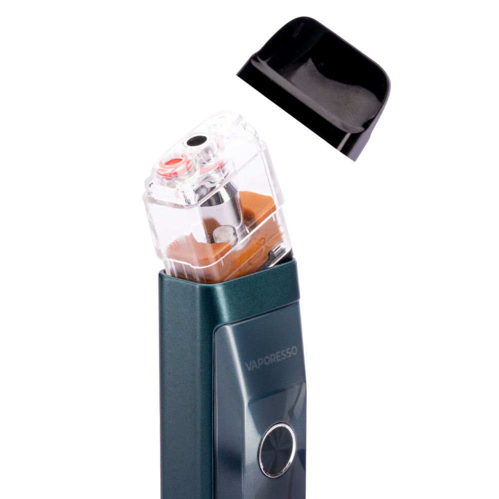 Close up of Vaporesso Xros vape kit with pod detached and mouthpiece separated to review filling hole.